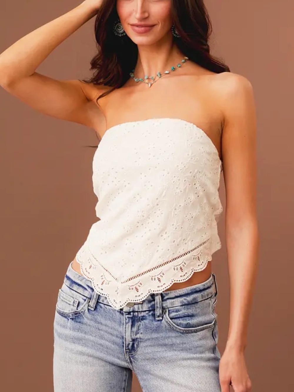 Strapless Eyelet Scallop-Hem Lace Tube Top